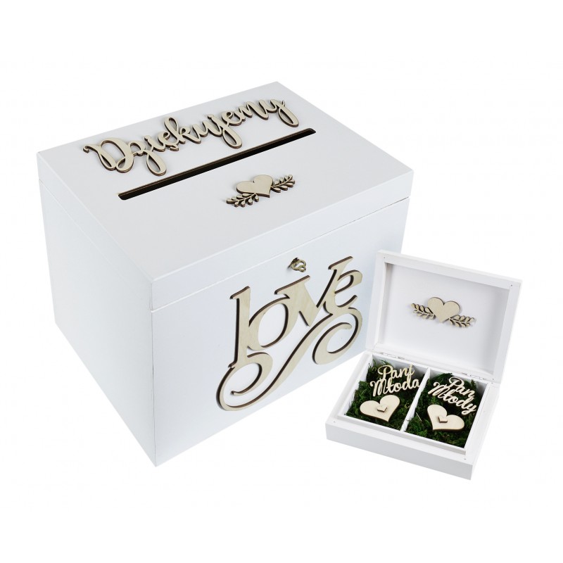 Rustykalne pudełko na koperty i obrączki białe średnie - Grawerowane prezenty i dodatki ślubne