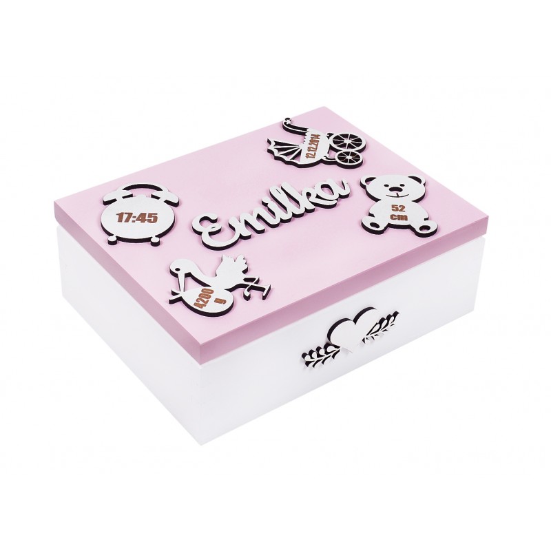 Metryczka, pudełko wspomnień z imieniem dla dziecka różowa - Grawerowane prezenty i dodatki ślubne