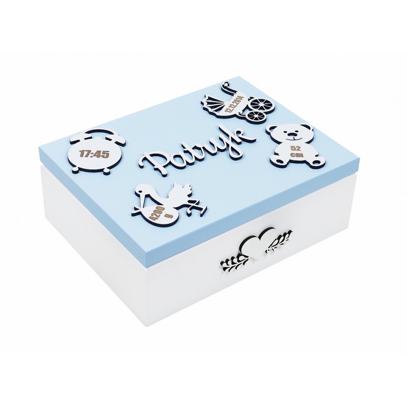 Metryczka, pudełko wspomnień z imieniem dla dziecka niebieska - Grawerowane prezenty i dodatki ślubne