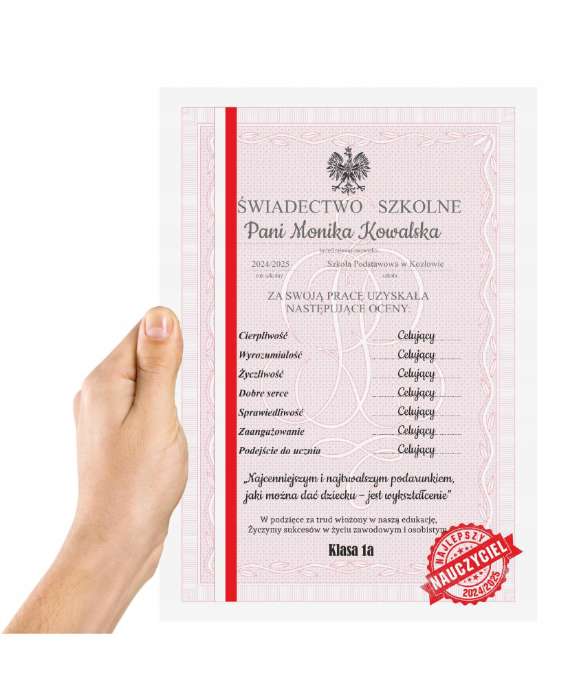 ŚWIADECTWO SZKOLNE dyplom na ZAKOŃCZENIE ROKU dla NAUCZYCIELA podstawówka