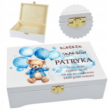 Personalizowany kuferek skarbów dla dziecka biały, drewniany z nadrukiem UV2