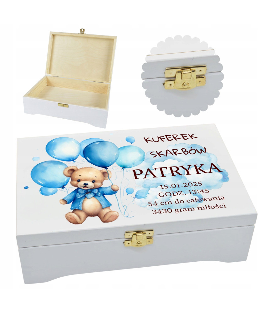 Personalizowany kuferek skarbów dla dziecka biały, drewniany z nadrukiem UV2