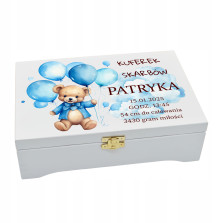 Personalizowany kuferek skarbów dla dziecka biały, drewniany z nadrukiem UV2