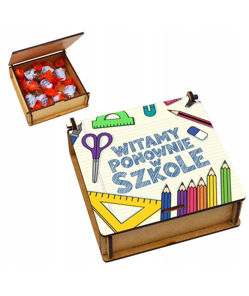 Drewniane pudełko na cukierki „Witamy ponownie w szkole kolorowy  nadruk UV2