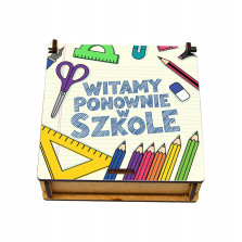 Drewniane pudełko na cukierki „Witamy ponownie w szkole kolorowy  nadruk UV2