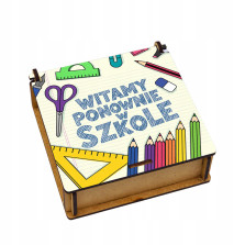 Drewniane pudełko na cukierki „Witamy ponownie w szkole kolorowy  nadruk UV2