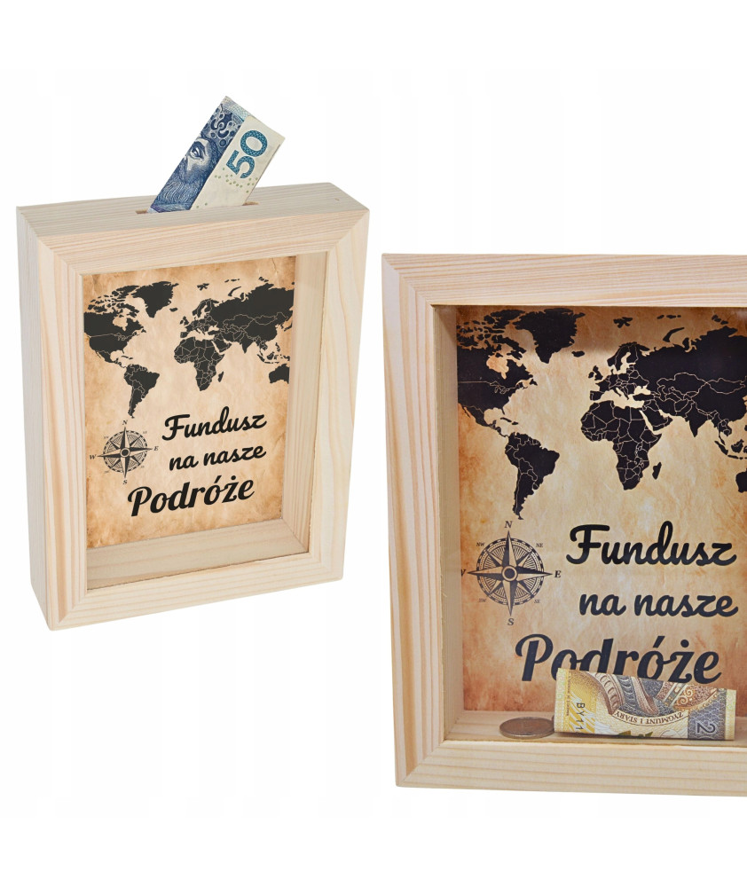 Skarbonka podróżnicza Fundusz na nasze Podróże mapa świata prezent
