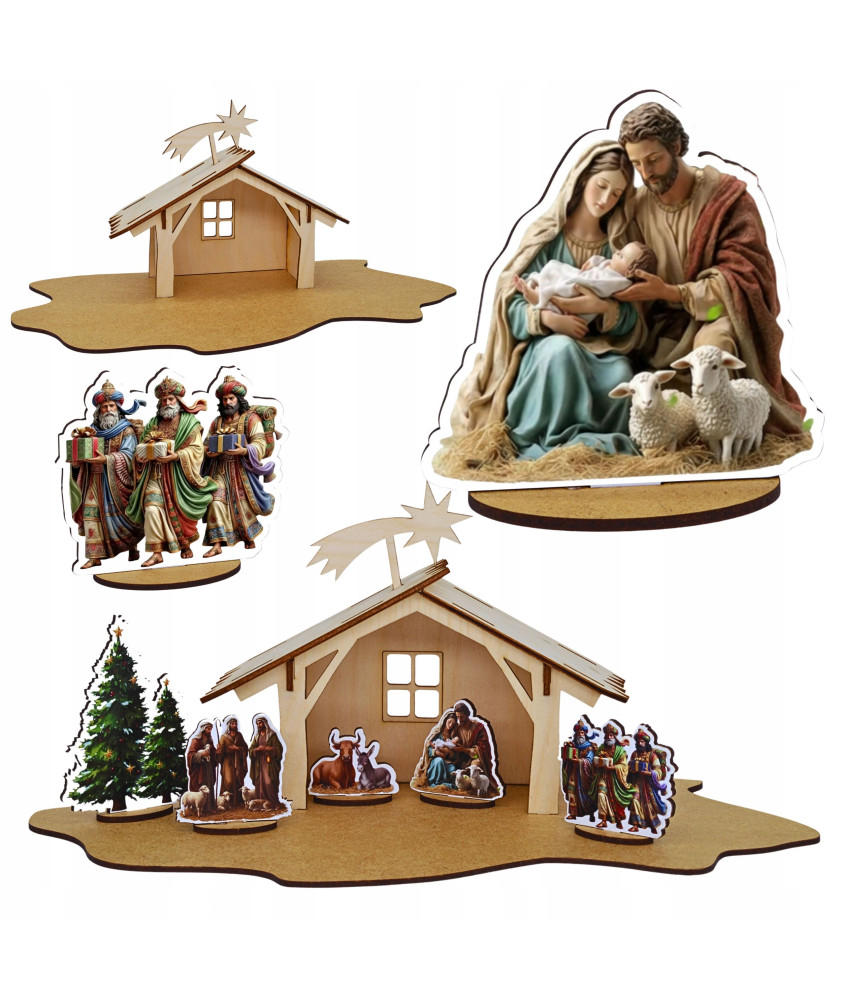 Szopka Bożonarodzeniowa drewniana 3D stajenka ze sklejki z figurkami