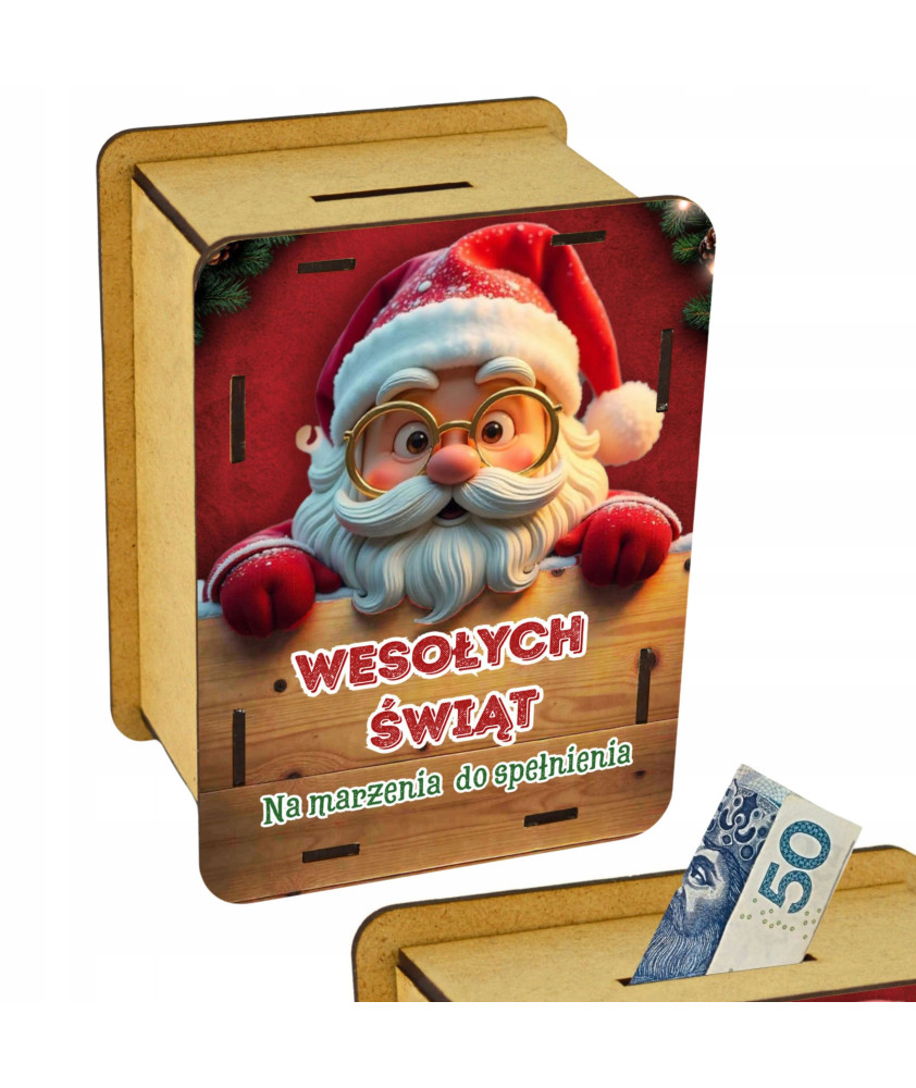 Skarbonka Świąteczna z Mikołajem Wesołych Świąt Na marzenia do spełnienia