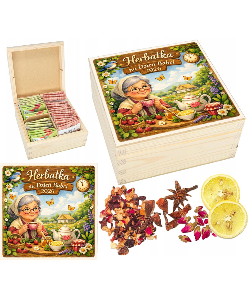 Prezent na Dzień Babci i Dziadka Pudełko na Herbatę z drewna HERBACIARKA