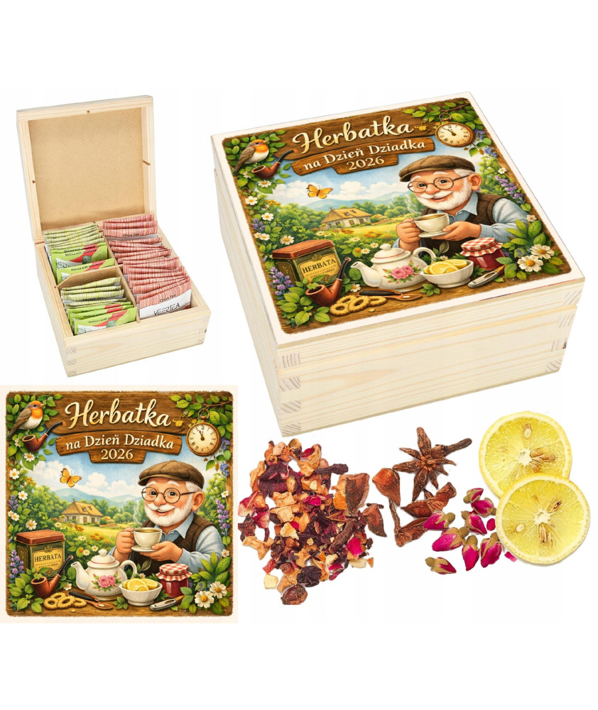 Prezent na Dzień Babci i Dziadka Pudełko na Herbatę z drewna HERBACIARKA