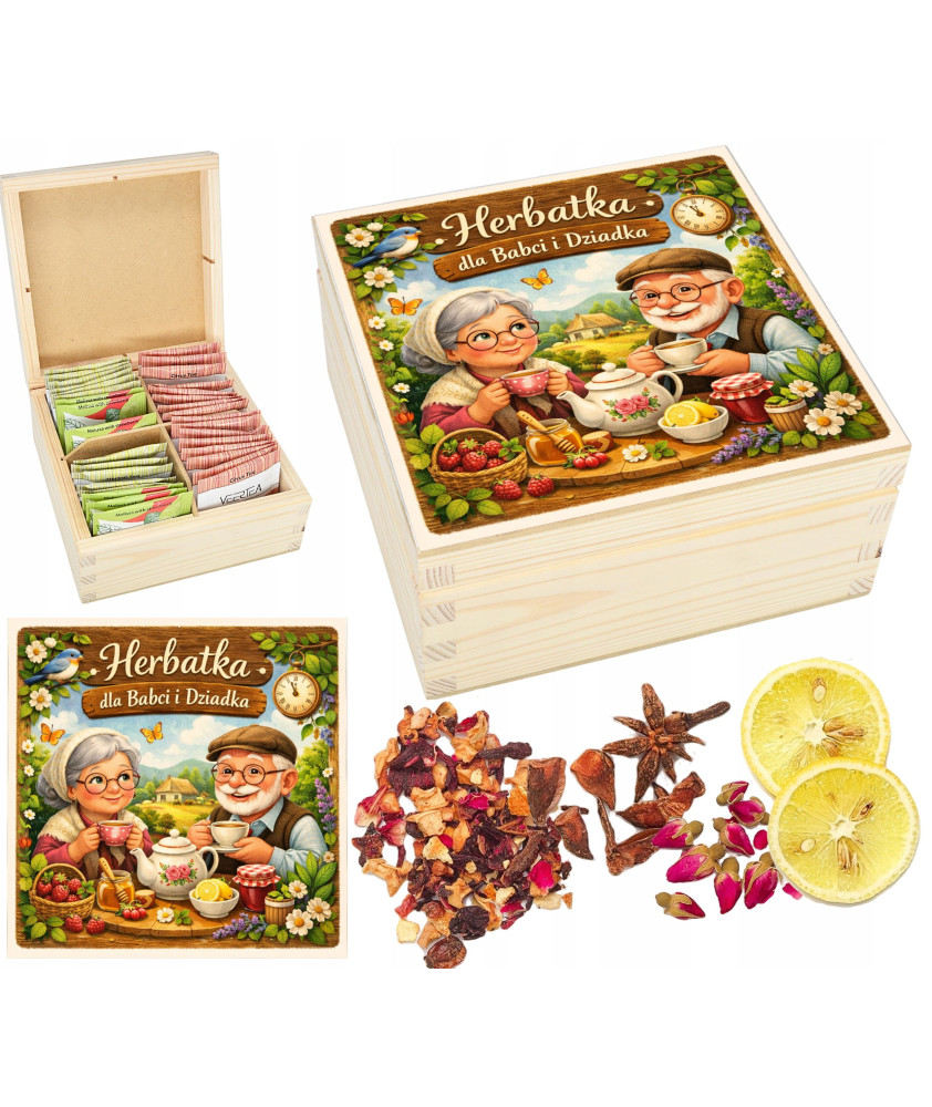 Prezent na Dzień Babci i Dziadka Pudełko na Herbatę z drewna HERBACIARKA