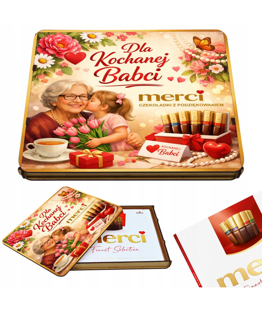 Pudełko na czekoladki MERCI - Prezent na Dzień Babci 215x175x20