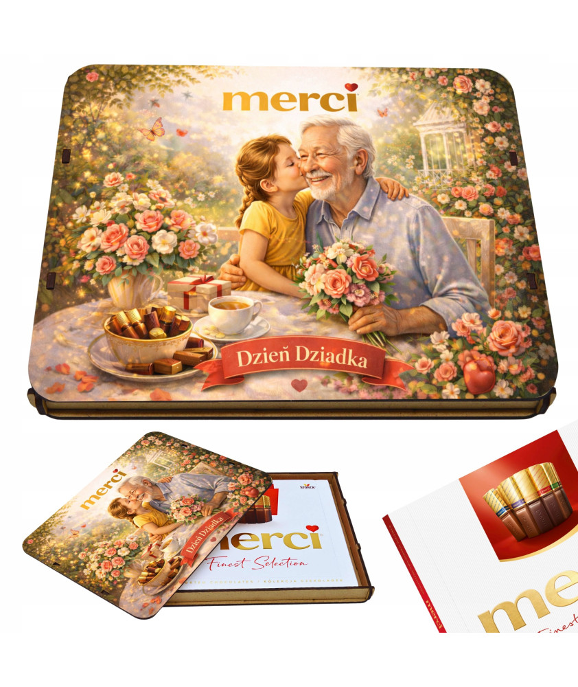 Pudełko na czekoladki MERCI - Prezent na Dzień Dziadka 215x175x20