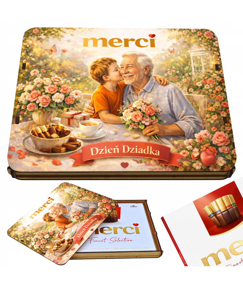 Pudełko na czekoladki MERCI - Prezent na Dzień Dziadka 215x175x20