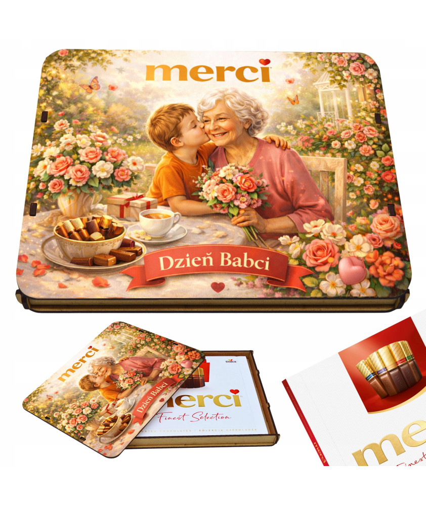 Pudełko na czekoladki MERCI - Prezent na Dzień Babci 215x175x20