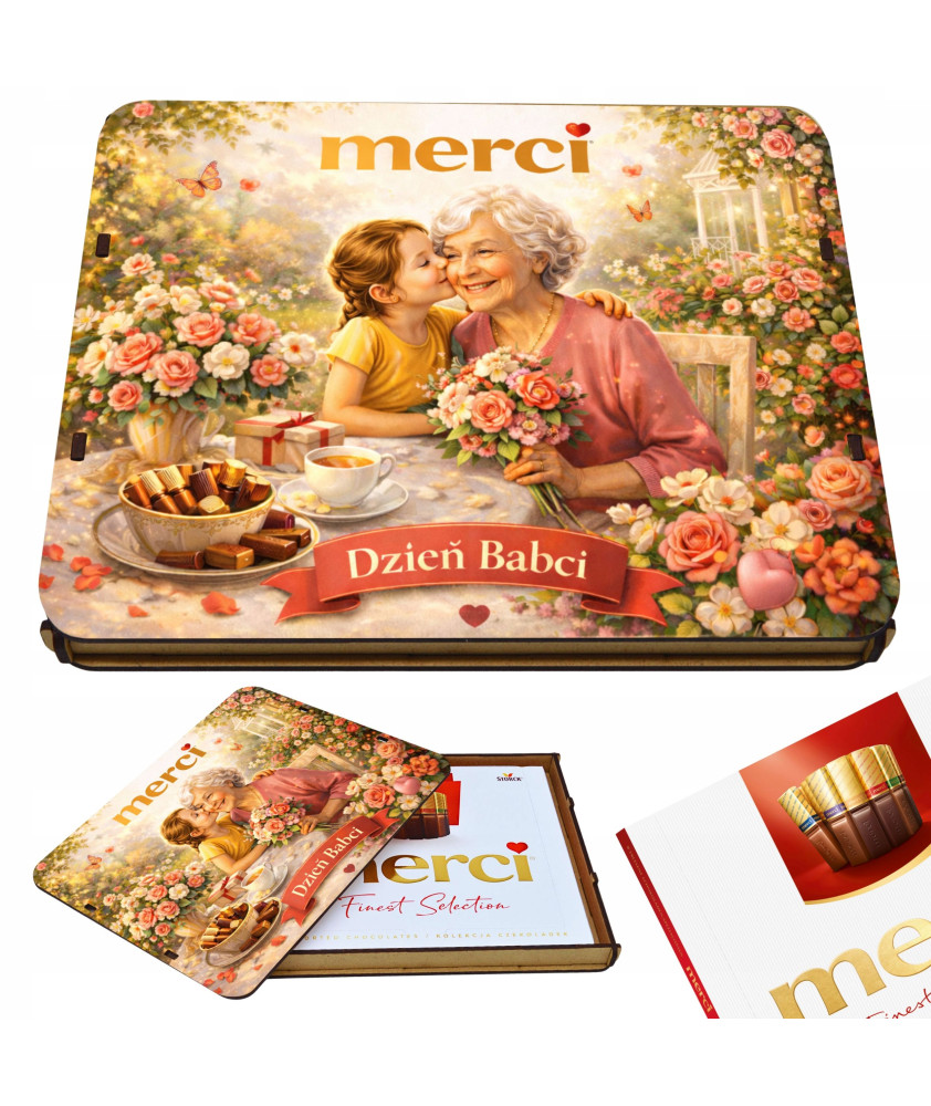 Pudełko na czekoladki MERCI - Prezent na Dzień Babci 215x175x20
