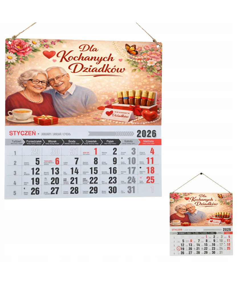 Prezent na Dzień Babci i Dziadka Kalendarz 2026 HDF | Druk UV | Zawieszany