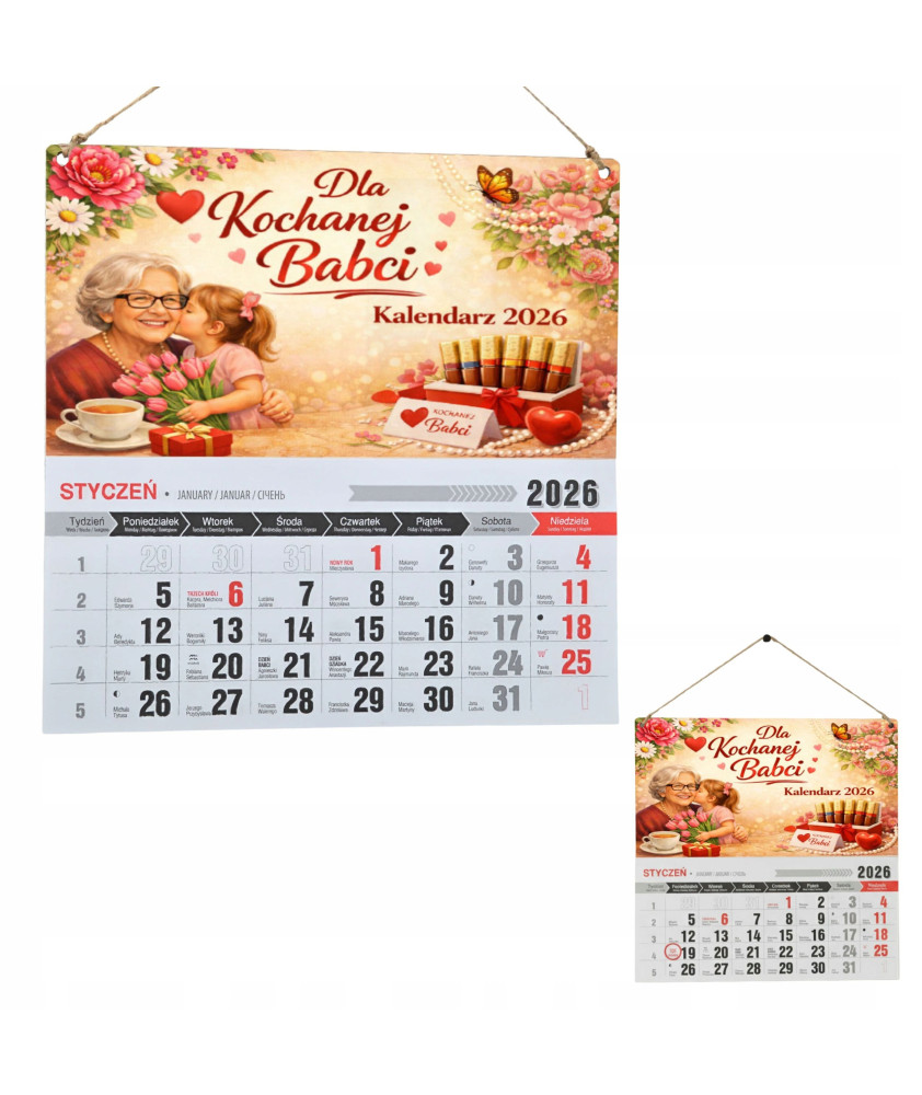Prezent na Dzień Babci - Kalendarz 2026 | HDF | Druk UV | Zawieszany