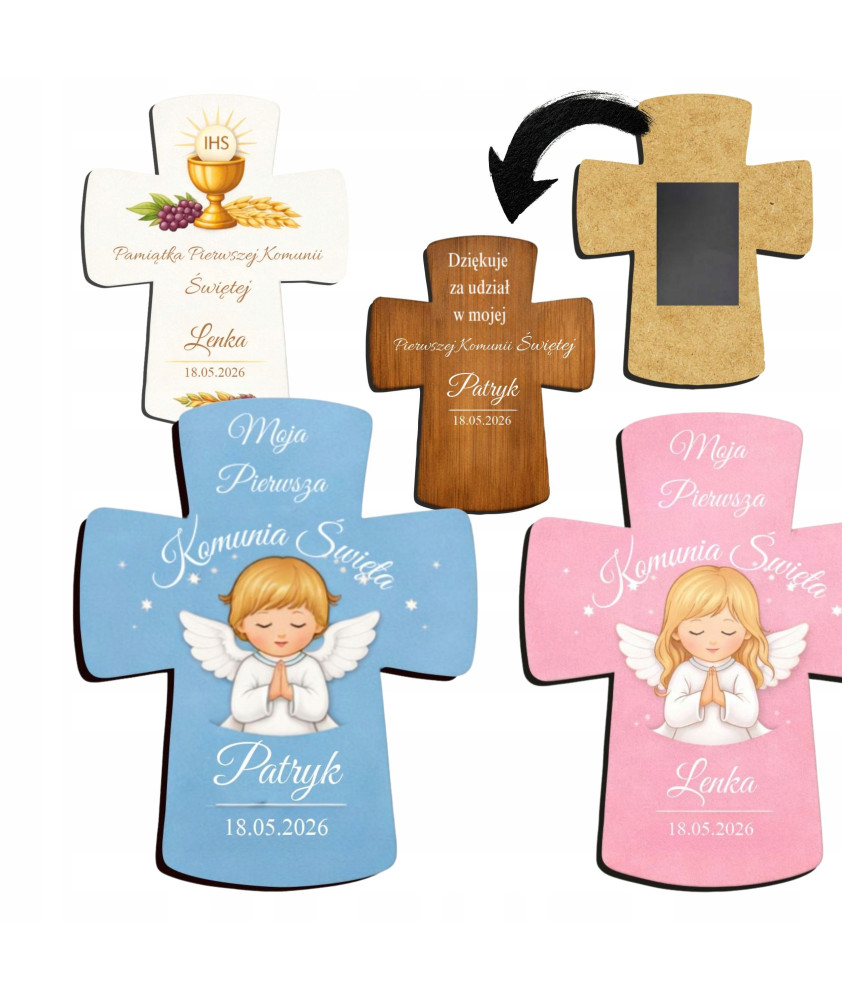 Magnes Komunijny z Imieniem Pamiątka Pierwszej Komunii Świętej Krzyż