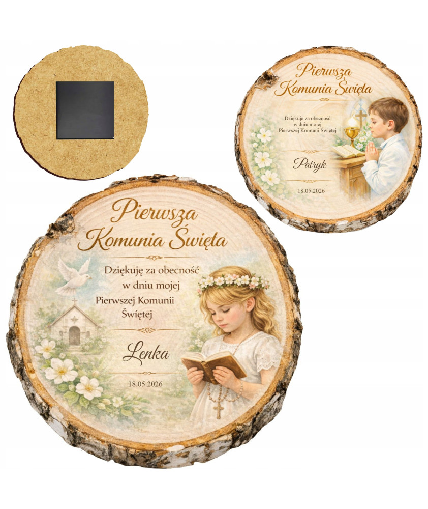 Magnes komunijny - podziękowanie dla gości | Motyw plastra drewna
