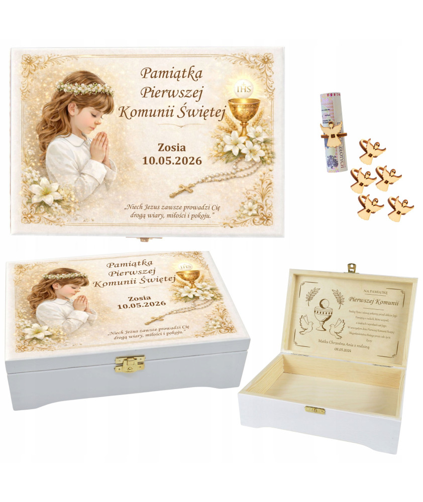 Prezent na KOMUNIE świętą pamiątka pudełko GRAWER Pamiątka Komunii Świętej
