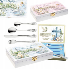 Prezent na Chrzest Święty sztućce dla dzieci grawer pudełko imię życzenia