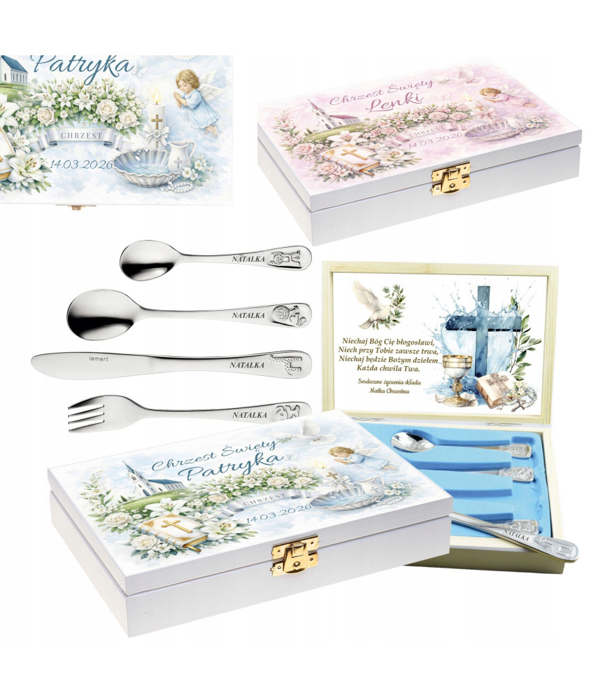 Prezent na Chrzest Święty sztućce dla dzieci grawer pudełko imię życzenia