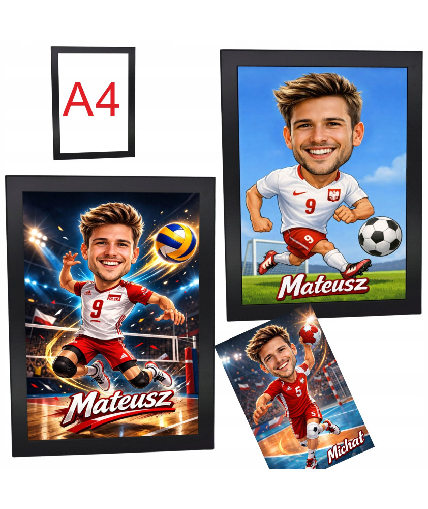Ramka A4 obraz sportowy karykatura personalizowana prezent dla sportowca