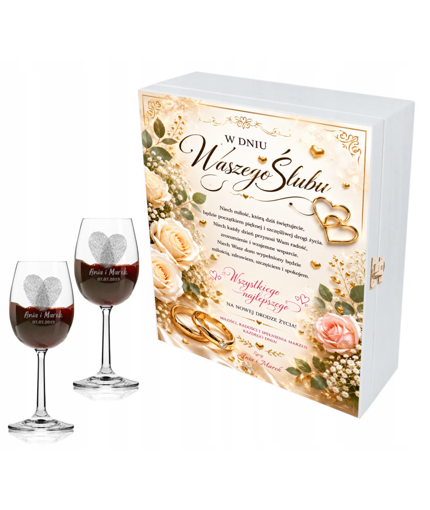 Skrzynka Ślubna 360x300 + 2 Kieliszki 250 ml Prezent Ślubny