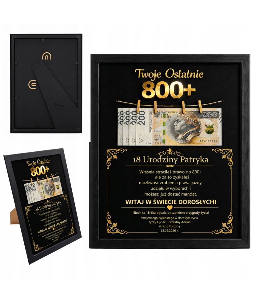 Ramka na 18 Urodziny Twoje Ostatnie 800+Personalizowany Prezent z Imieniem