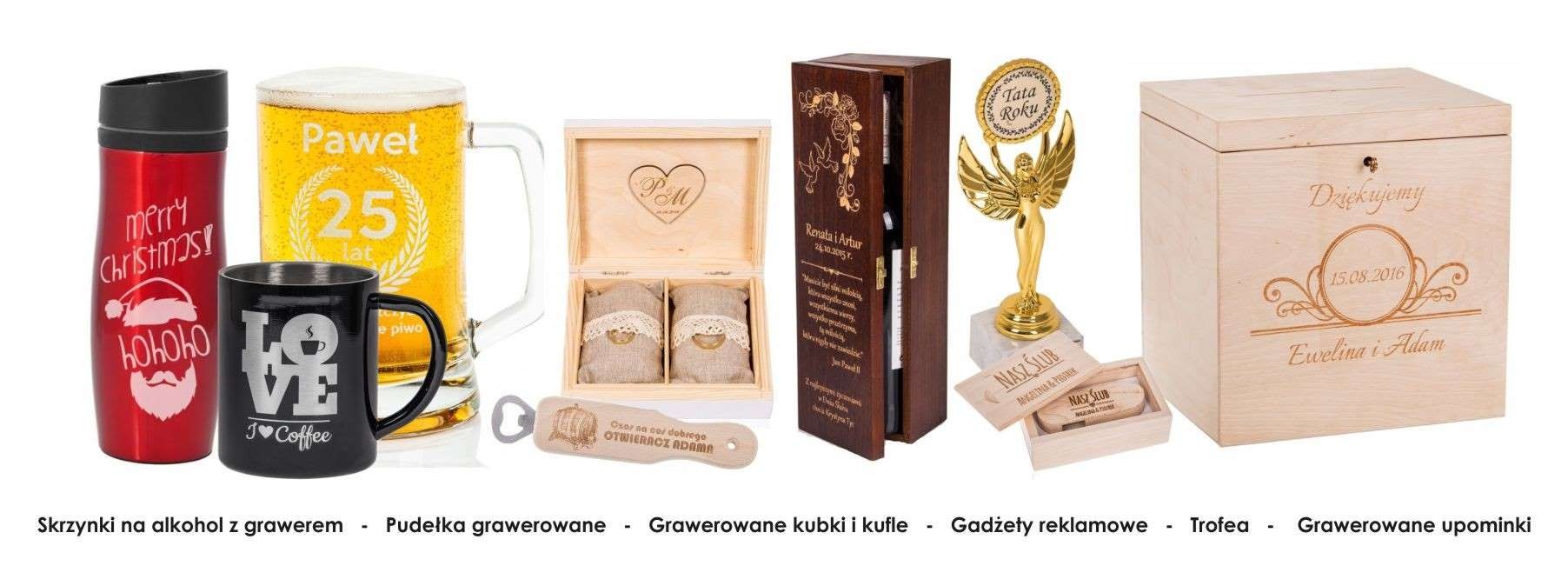 Grawernia24 ofertuje profesjonalne grawerowanie skrzynek na alkochol, pudełek, kubków i kufli, gadżetów reklamowych, umoinów i trofea